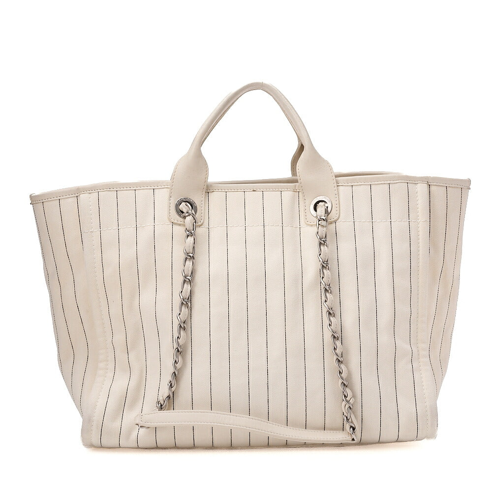 CHANEL Deauville GM Canvas x Lambskin Logo Mark 2WAY Chain Shoulder White x Black Silver-Tone Hardware, Pre-Owned