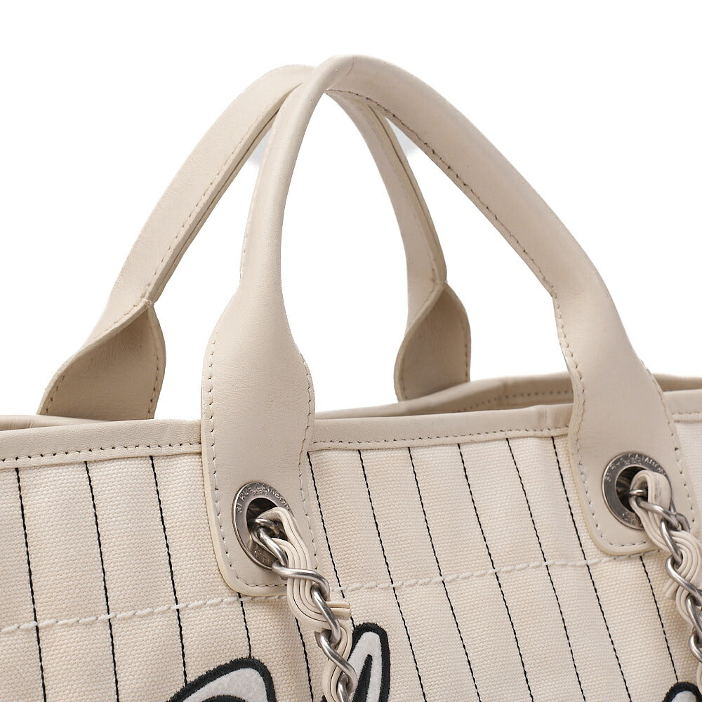 CHANEL Deauville GM Canvas x Lambskin Logo Mark 2WAY Chain Shoulder White x Black Silver-Tone Hardware, Pre-Owned