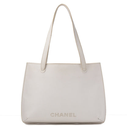 CHANEL Tote Bag Embroidered Logo Embossed Leather White Gold-Tone Hardware, Pre-Owned