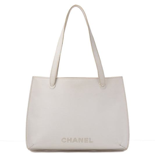 CHANEL Tote Bag Embroidered Logo Embossed Leather White Gold-Tone Hardware, Pre-Owned