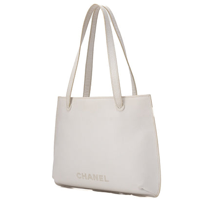 CHANEL Tote Bag Embroidered Logo Embossed Leather White Gold-Tone Hardware, Pre-Owned