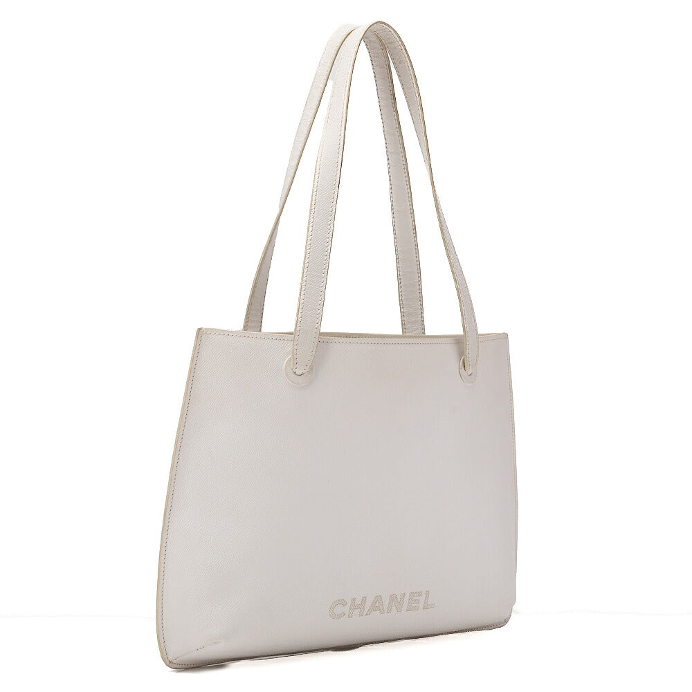 CHANEL Tote Bag Embroidered Logo Embossed Leather White Gold-Tone Hardware, Pre-Owned