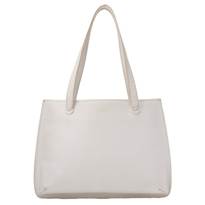 CHANEL Tote Bag Embroidered Logo Embossed Leather White Gold-Tone Hardware, Pre-Owned