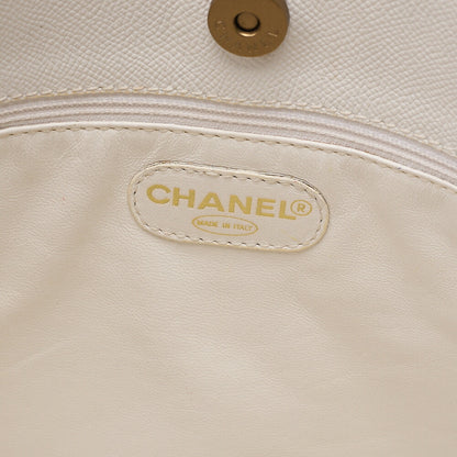 CHANEL Tote Bag Embroidered Logo Embossed Leather White Gold-Tone Hardware, Pre-Owned
