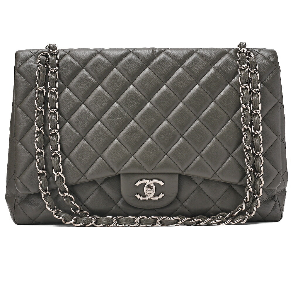 CHANEL Caviar Skin DekaMatelasse 33cm Single Flap Chain Shoulder Bag Green Silver-Tone Hardware, Pre-Owned