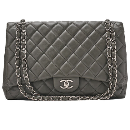 CHANEL Caviar Skin DekaMatelasse 33cm Single Flap Chain Shoulder Bag Green Silver-Tone Hardware, Pre-Owned