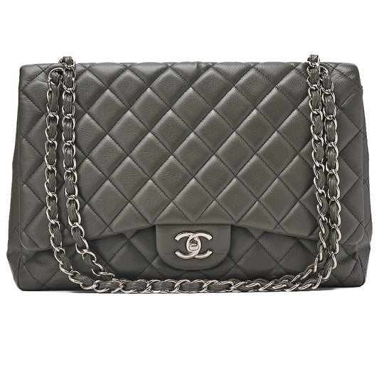 CHANEL Caviar Skin DekaMatelasse 33cm Single Flap Chain Shoulder Bag Green Silver-Tone Hardware, Pre-Owned