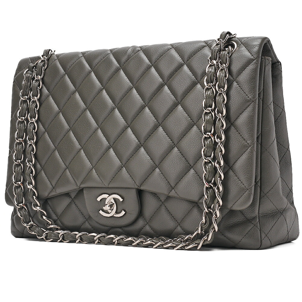 CHANEL Caviar Skin DekaMatelasse 33cm Single Flap Chain Shoulder Bag Green Silver-Tone Hardware, Pre-Owned