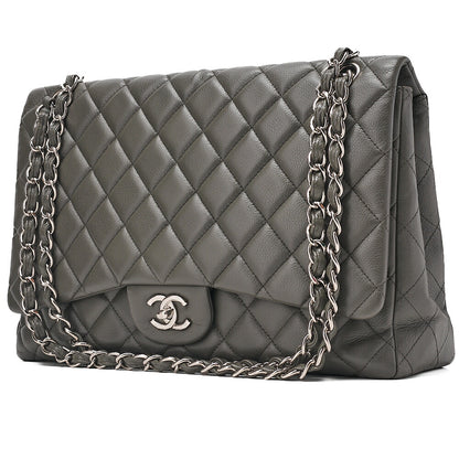 CHANEL Caviar Skin DekaMatelasse 33cm Single Flap Chain Shoulder Bag Green Silver-Tone Hardware, Pre-Owned