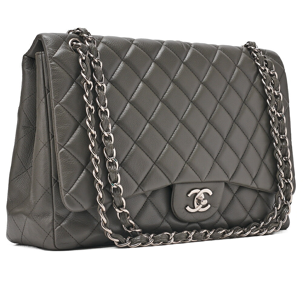 CHANEL Caviar Skin DekaMatelasse 33cm Single Flap Chain Shoulder Bag Green Silver-Tone Hardware, Pre-Owned
