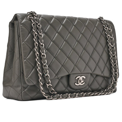 CHANEL Caviar Skin DekaMatelasse 33cm Single Flap Chain Shoulder Bag Green Silver-Tone Hardware, Pre-Owned