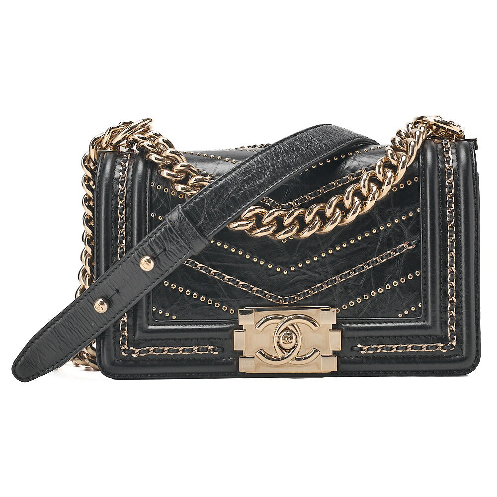 CHANEL Boy Chanel 20 Vintage Calf Chain Shoulder Luxury Line Black Gold -Tone Hardware, Pre-Owned