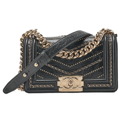 CHANEL Boy Chanel 20 Vintage Calf Chain Shoulder Luxury Line Black Gold -Tone Hardware, Pre-Owned