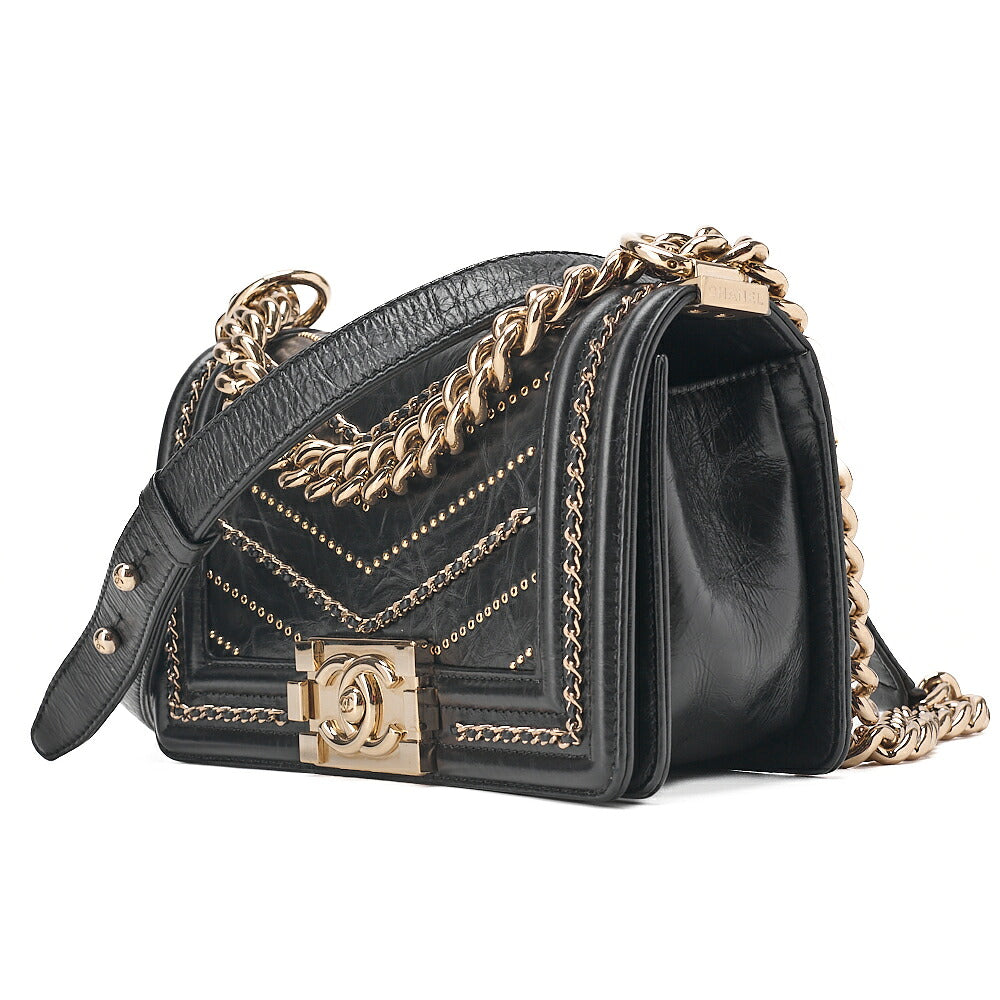 CHANEL Boy Chanel 20 Vintage Calf Chain Shoulder Luxury Line Black Gold -Tone Hardware, Pre-Owned