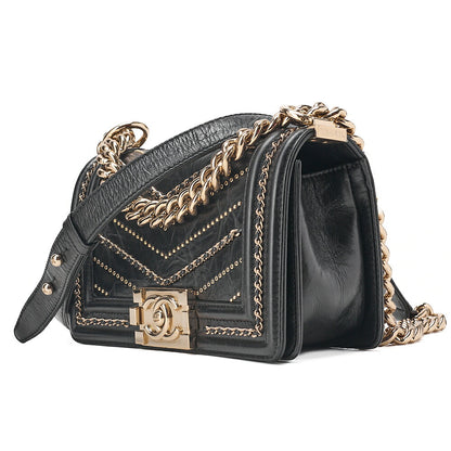 CHANEL Boy Chanel 20 Vintage Calf Chain Shoulder Luxury Line Black Gold -Tone Hardware, Pre-Owned