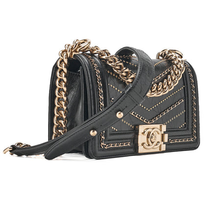 CHANEL Boy Chanel 20 Vintage Calf Chain Shoulder Luxury Line Black Gold -Tone Hardware, Pre-Owned