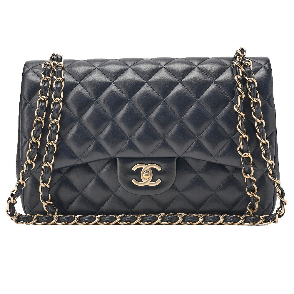 CHANEL Lambskin DekaMatelasse 30cm Double Flap Chain Shoulder Bag Navy Gold-Tone Hardware, Pre-Owned