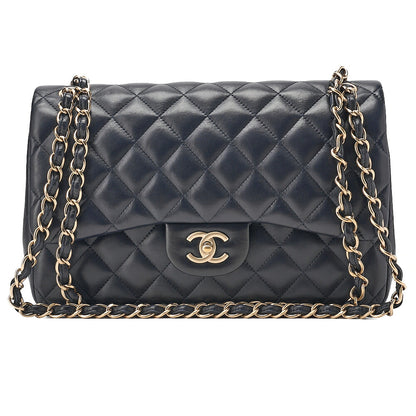 CHANEL Lambskin DekaMatelasse 30cm Double Flap Chain Shoulder Bag Navy Gold-Tone Hardware, Pre-Owned