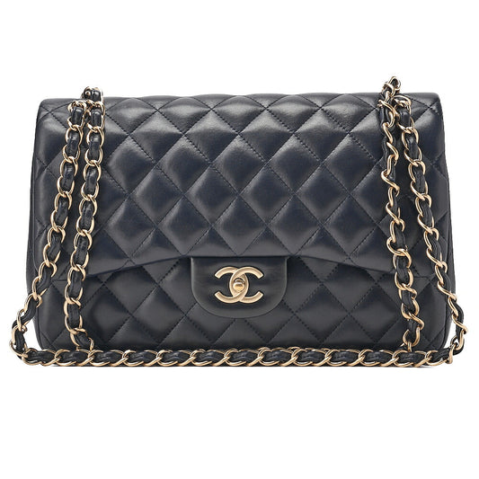 CHANEL Lambskin DekaMatelasse 30cm Double Flap Chain Shoulder Bag Navy Gold-Tone Hardware, Pre-Owned
