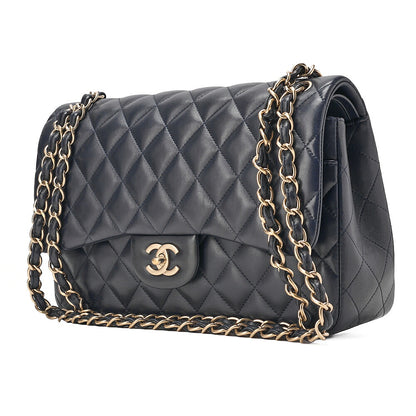 CHANEL Lambskin DekaMatelasse 30cm Double Flap Chain Shoulder Bag Navy Gold-Tone Hardware, Pre-Owned