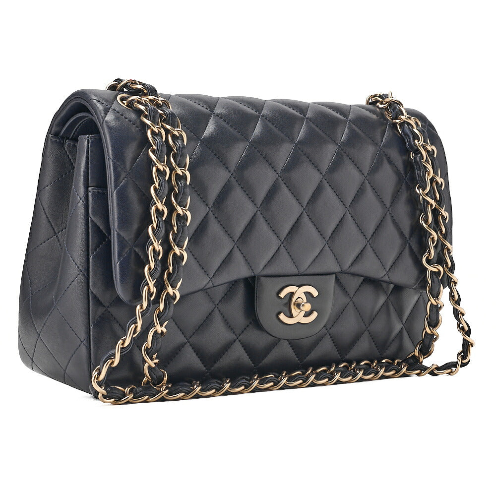 CHANEL Lambskin DekaMatelasse 30cm Double Flap Chain Shoulder Bag Navy Gold-Tone Hardware, Pre-Owned