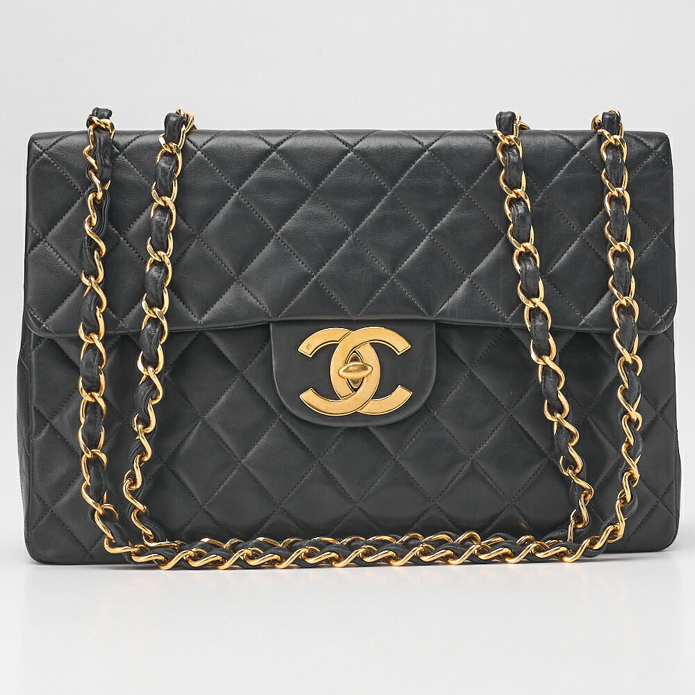 CHANEL Chain Shoulder Bag DekaMatelasse 34cm Single Flap Lambskin Black Gold-Tone Hardware, Pre-Owned