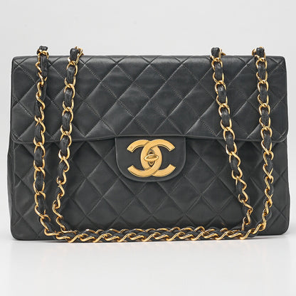 CHANEL Chain Shoulder Bag DekaMatelasse 34cm Single Flap Lambskin Black Gold-Tone Hardware, Pre-Owned