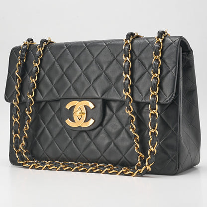 CHANEL Chain Shoulder Bag DekaMatelasse 34cm Single Flap Lambskin Black Gold-Tone Hardware, Pre-Owned