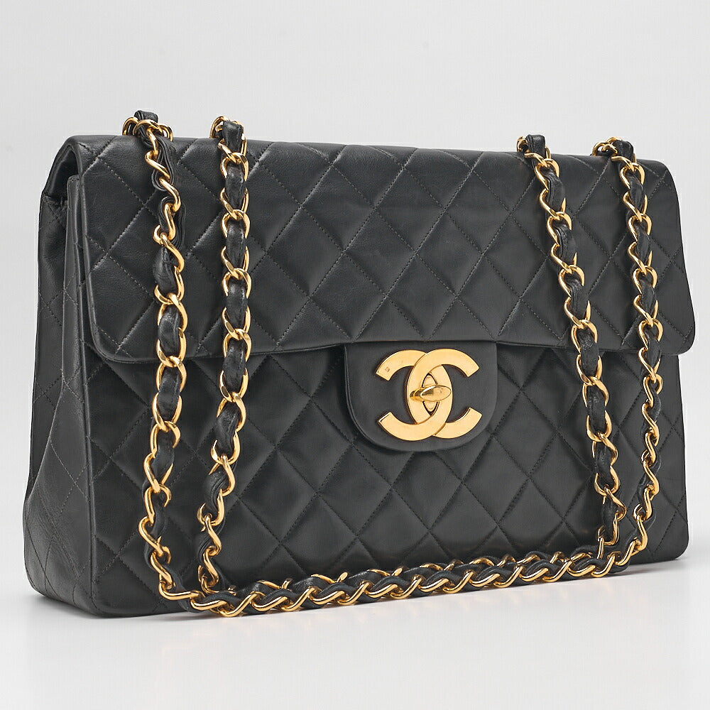 CHANEL Chain Shoulder Bag DekaMatelasse 34cm Single Flap Lambskin Black Gold-Tone Hardware, Pre-Owned