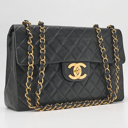 CHANEL Chain Shoulder Bag DekaMatelasse 34cm Single Flap Lambskin Black Gold-Tone Hardware, Pre-Owned