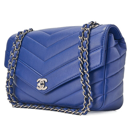 CHANEL Caviar Skin V-Stitch V-Flap Single Chain Shoulder Navy Silver-Tone Hardware, Pre-Owned