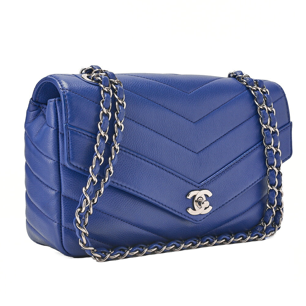 CHANEL Caviar Skin V-Stitch V-Flap Single Chain Shoulder Navy Silver-Tone Hardware, Pre-Owned
