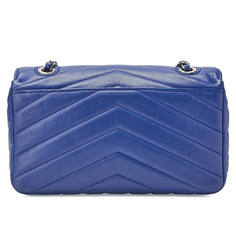 CHANEL Caviar Skin V-Stitch V-Flap Single Chain Shoulder Navy Silver-Tone Hardware, Pre-Owned