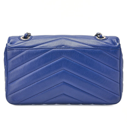 CHANEL Caviar Skin V-Stitch V-Flap Single Chain Shoulder Navy Silver-Tone Hardware, Pre-Owned