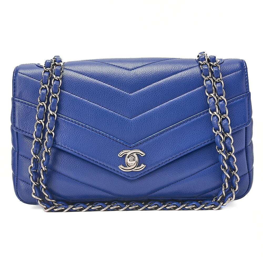 CHANEL Caviar Skin V-Stitch V-Flap Single Chain Shoulder Navy Silver-Tone Hardware, Pre-Owned