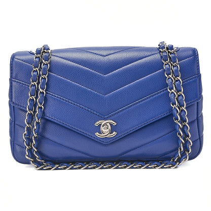 CHANEL Caviar Skin V-Stitch V-Flap Single Chain Shoulder Navy Silver-Tone Hardware, Pre-Owned