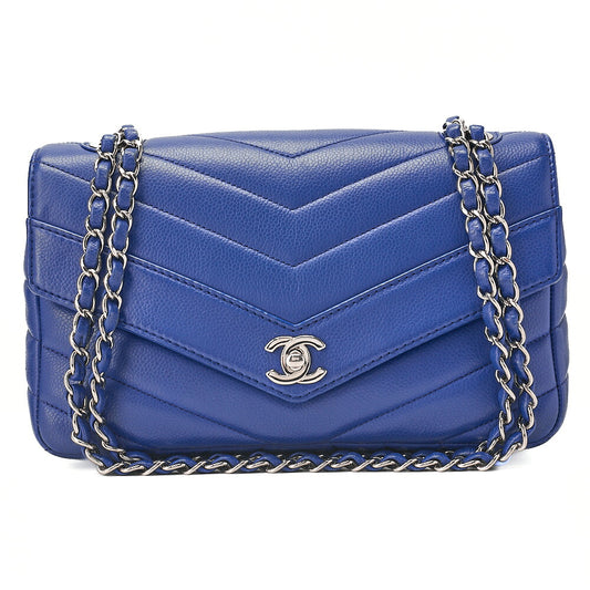 CHANEL Caviar Skin V-Stitch V-Flap Single Chain Shoulder Navy Silver-Tone Hardware, Pre-Owned