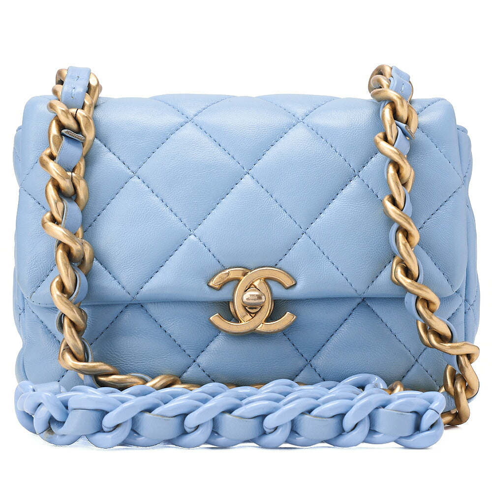 CHANEL Lambskin MiniMatelasse 18cm Plastic Chain Chain Shoulder Bag Light Blue Gold-Tone Hardware, Pre-Owned