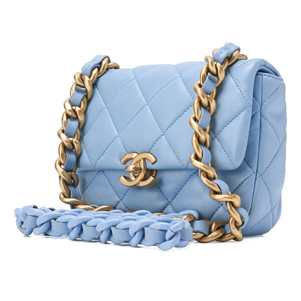 CHANEL Lambskin MiniMatelasse 18cm Plastic Chain Chain Shoulder Bag Light Blue Gold-Tone Hardware, Pre-Owned