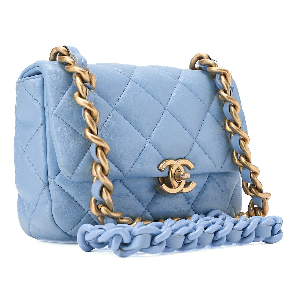CHANEL Lambskin MiniMatelasse 18cm Plastic Chain Chain Shoulder Bag Light Blue Gold-Tone Hardware, Pre-Owned