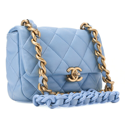 CHANEL Lambskin MiniMatelasse 18cm Plastic Chain Chain Shoulder Bag Light Blue Gold-Tone Hardware, Pre-Owned