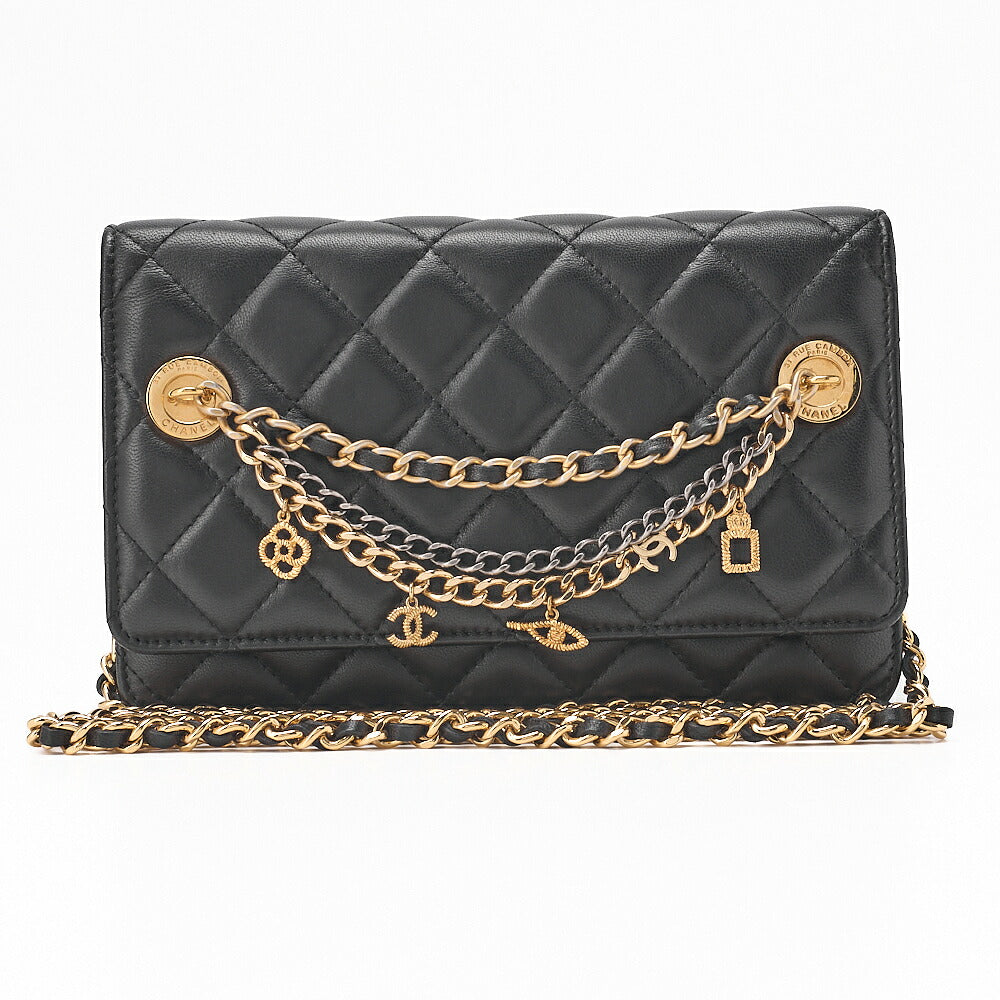 CHANEL Lambskin Matelasse Chain Wallet with Charm Black Gold-Tone Hardware, Pre-Owned