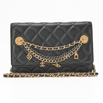CHANEL Lambskin Matelasse Chain Wallet with Charm Black Gold-Tone Hardware, Pre-Owned