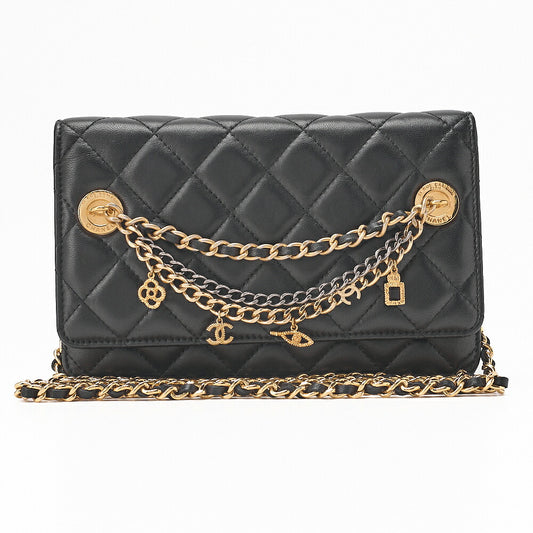 CHANEL Lambskin Matelasse Chain Wallet with Charm Black Gold-Tone Hardware, Pre-Owned