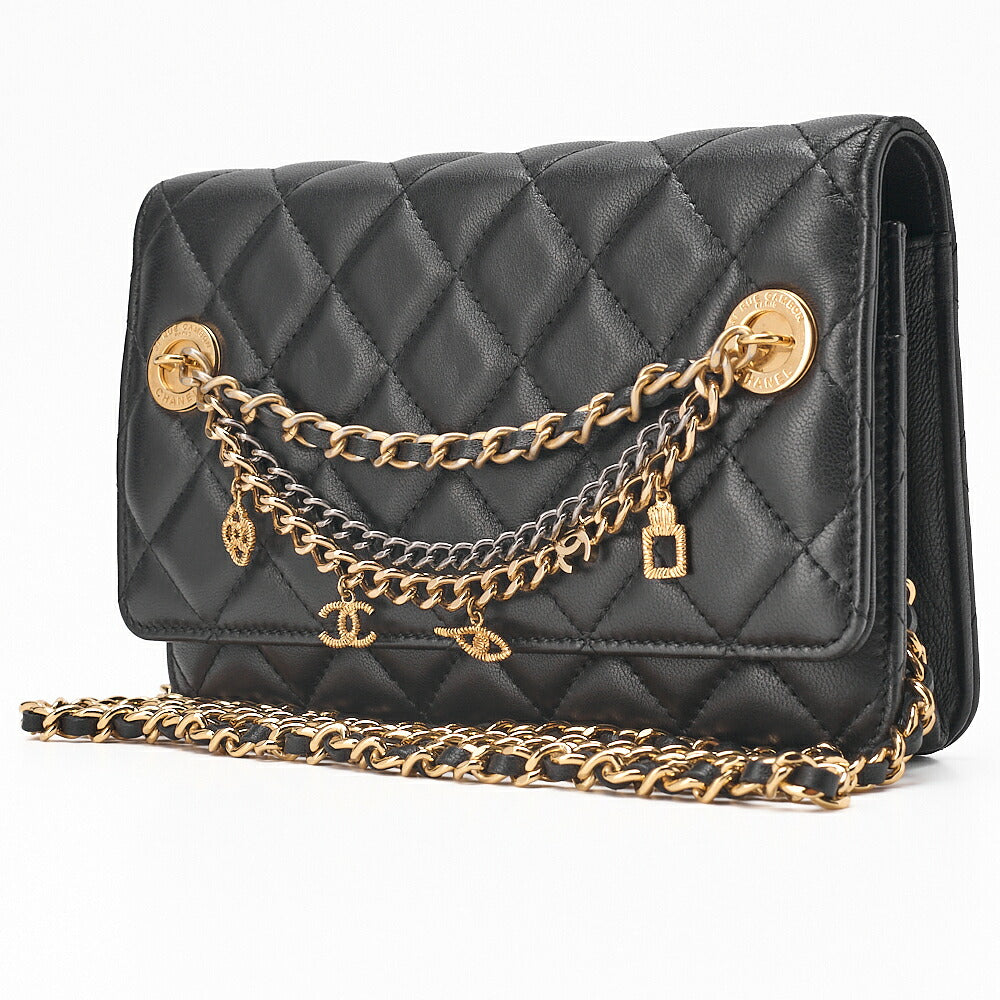 CHANEL Lambskin Matelasse Chain Wallet with Charm Black Gold-Tone Hardware, Pre-Owned