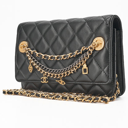 CHANEL Lambskin Matelasse Chain Wallet with Charm Black Gold-Tone Hardware, Pre-Owned