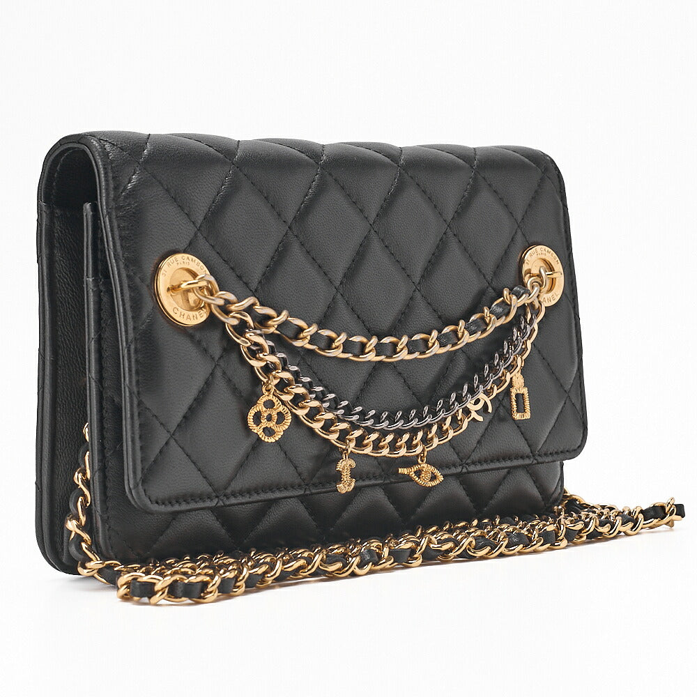 CHANEL Lambskin Matelasse Chain Wallet with Charm Black Gold-Tone Hardware, Pre-Owned