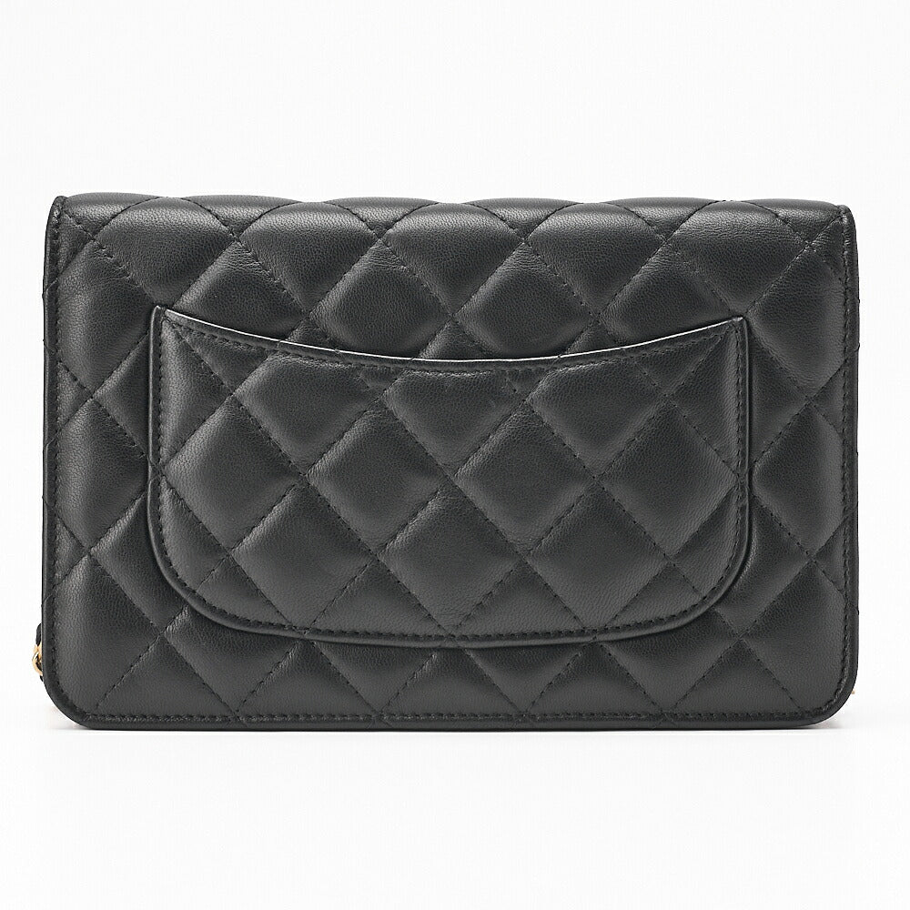 CHANEL Lambskin Matelasse Chain Wallet with Charm Black Gold-Tone Hardware, Pre-Owned