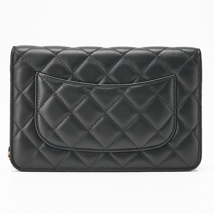 CHANEL Lambskin Matelasse Chain Wallet with Charm Black Gold-Tone Hardware, Pre-Owned