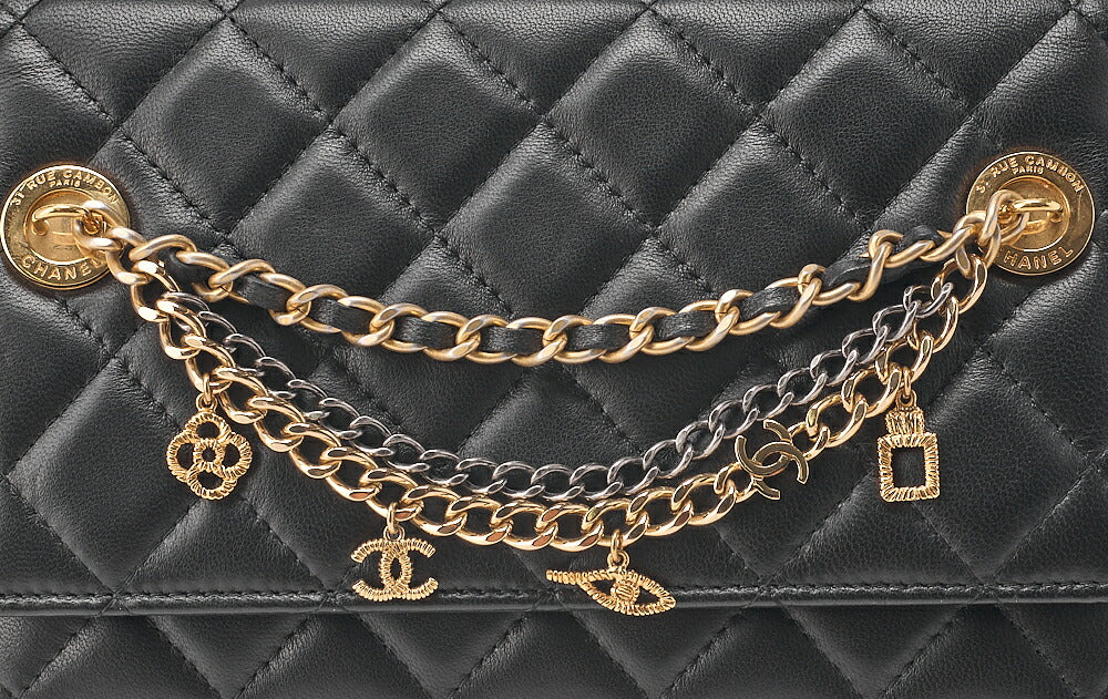 CHANEL Lambskin Matelasse Chain Wallet with Charm Black Gold-Tone Hardware, Pre-Owned